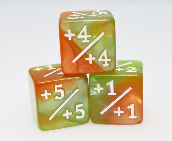 Green & Gold +1/+1 Magic Counters Plastic Dice Foam Brain Games