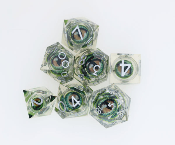 Sharp Edge Moving Eye RPG Dice Set - Green Dragon Eye Plastic Dice Foam Brain Games