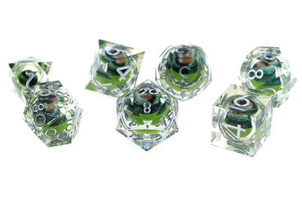 Sharp Edge Moving Eye RPG Dice Set - Green Dragon Eye Plastic Dice Foam Brain Games
