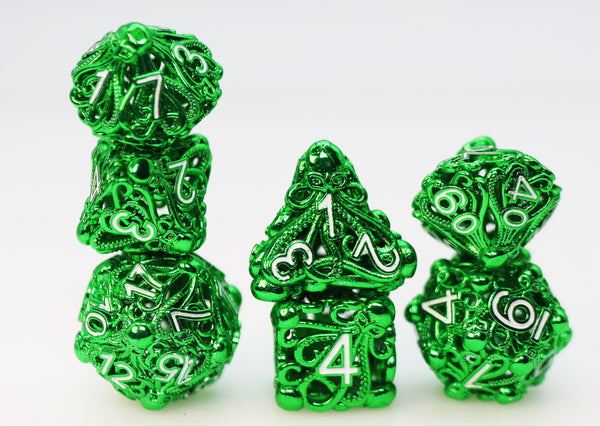 Mind Eater: Green - Hollow Metal RPG Dice Set Metal Dice Foam Brain Games