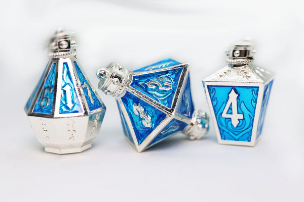 Moonlit Lantern: Silvered Frostfire - Metal RPG Dice Set Metal Dice Foam Brain Games