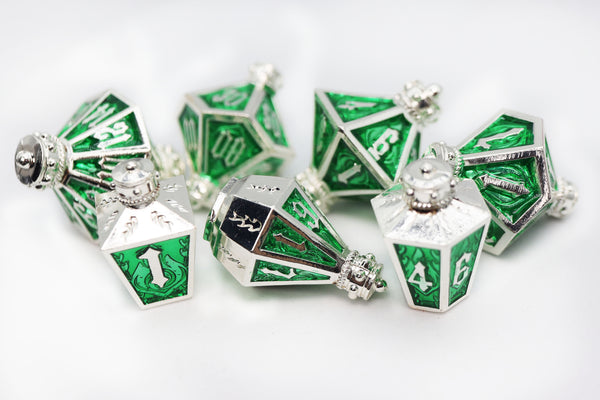 Moonlit Lantern: Silvered Acidfire - Metal RPG Dice Set Metal Dice Foam Brain Games