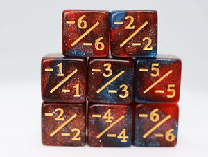 Red & Blue Glitter -1/-1 Magic Counters Plastic Dice Foam Brain Games