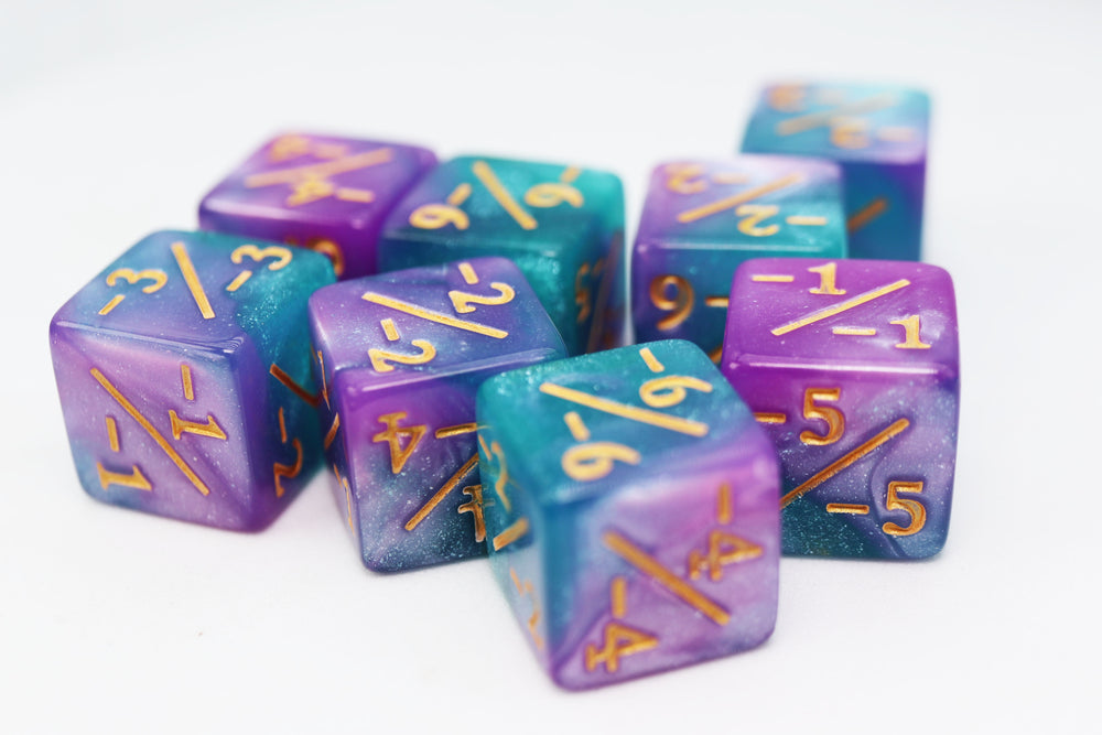 Light Blue & Purple Glitter -1/-1 Magic Counters Plastic Dice Foam Brain Games