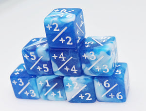 White & Blue Glitter +1/+1 Magic Counters Plastic Dice Foam Brain Games