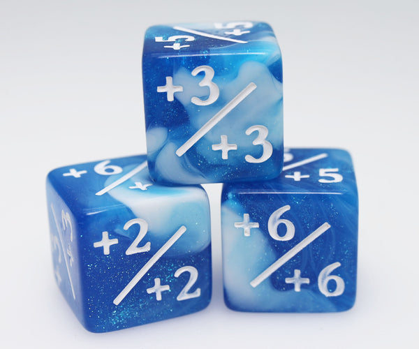 White & Blue Glitter +1/+1 Magic Counters Plastic Dice Foam Brain Games