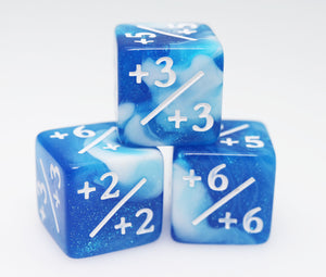 White & Blue Glitter +1/+1 Magic Counters Plastic Dice Foam Brain Games