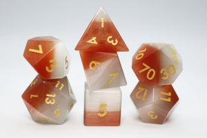 Orange and White Cat's Eye - Gemstone Engraved with Gold Stone Dice Foam Brain Games