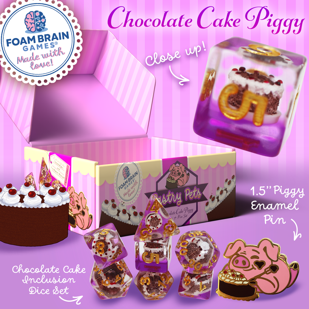 Pastry Pets: Chocolate Cake Piggy - Pin & RPG Dice Set Plastic Dice & Pin Set Foam Brain Games