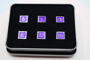 6 piece Metal D6s - Purple and Silver Metal Dice Foam Brain Games