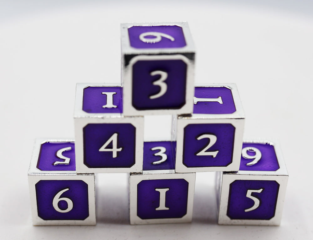 6 piece Metal D6s - Purple and Silver Metal Dice Foam Brain Games