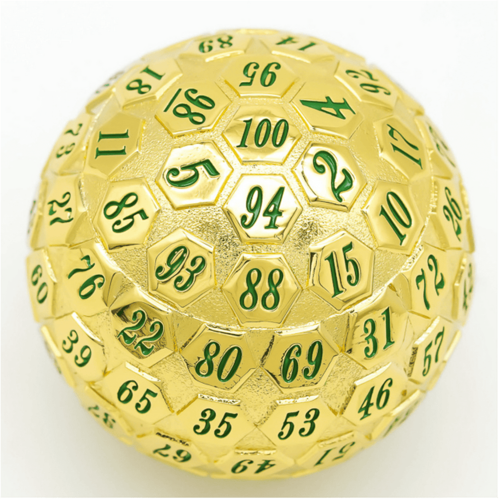 45mm Metal D100 - Gold with Green Metal Dice Foam Brain Games