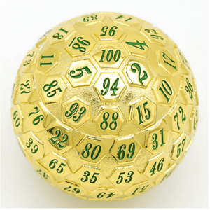 45mm Metal D100 - Gold with Green Metal Dice Foam Brain Games