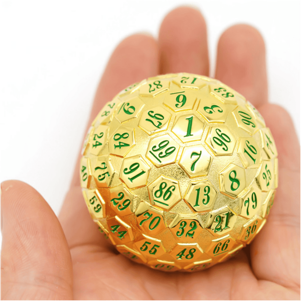 45mm Metal D100 - Gold with Green Metal Dice Foam Brain Games