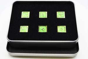6 piece Metal D6s - Green and Gold Metal Dice Foam Brain Games