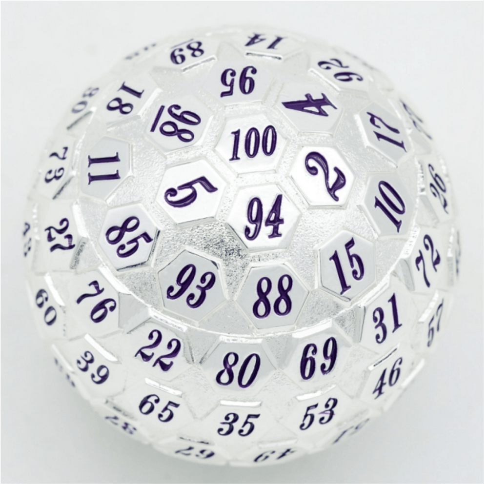 45mm Metal D100 - Platinum with Purple Metal Dice Foam Brain Games