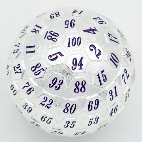 45mm Metal D100 - Platinum with Purple Metal Dice Foam Brain Games