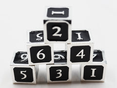 6 piece Metal D6s - Black and Silver Metal Dice Foam Brain Games