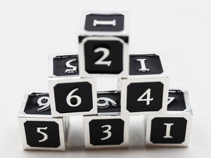 6 piece Metal D6s - Black and Silver Metal Dice Foam Brain Games