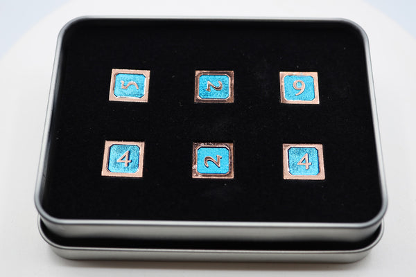 6 piece Metal D6s - Blue and Copper Metal Dice Foam Brain Games