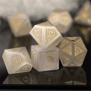 Cat's Eye White with Runes - Gemstone Engraved with Gold Stone Dice Foam Brain Games