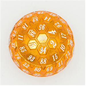 45mm Metal D100 - Orange with White Font Metal Dice Foam Brain Games
