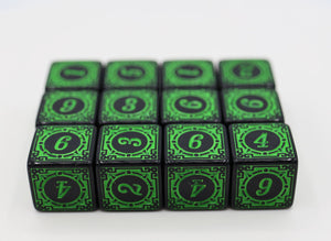 12 piece D6s - Magic Burst Green Plastic Dice Foam Brain Games